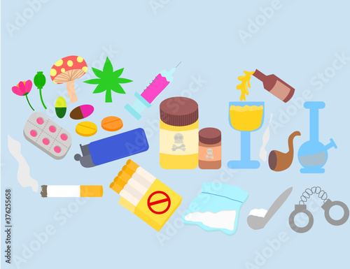 Addiction and substance abuse concept illustration.Opium, marijuana, cigarettes, pills, capsules, heroin, syringes and alcohol.