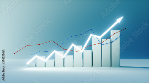 3d render of financial data rising bar with illuminated graph growing, chart business growth on white Background,front view 