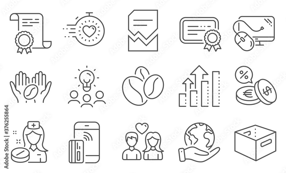 Set of Business icons, such as Computer mouse, Currency exchange. Diploma, ideas, save planet. Contactless payment, Nurse, Coffee. Coffee beans, Office box, Certificate. Vector Set of Business icons, such as Computer mouse, Currency exchange. Diploma, ideas, save planet. Contactless payment, Nurse, Coffee. Coffee beans, Office box, Certificate. Vector