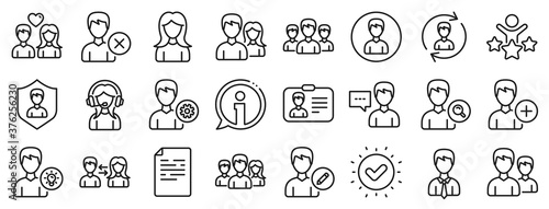 Male and Female Profile, Group and Support icons. User people line icons. ID card, Teamwork people and Businessman symbols. Couple love, Security profile and User management support. Vector