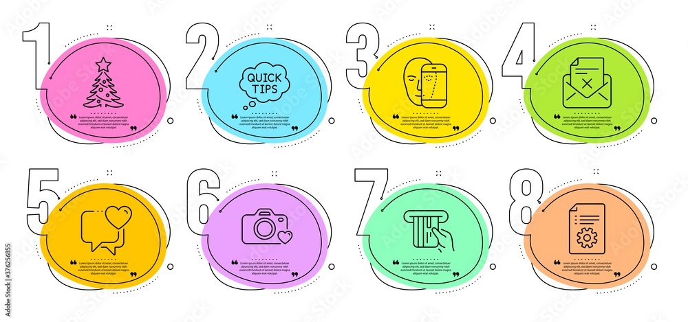 Quick tips, Christmas tree and Credit card signs. Timeline steps infographic. Face biometrics, Technical documentation and Reject letter line icons set. Heart, Photo camera symbols. Vector Quick tips, Christmas tree and Credit card signs. Timeline steps infographic. Face biometrics, Technical documentation and Reject letter line icons set. Heart, Photo camera symbols. Vector