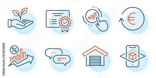 Certificate, Loan percent and Dots message signs. Exchange currency, Parking garage and Helping hand line icons set. Augmented reality, Graph chart symbols. Reshresh exchange rate, Car place. Vector