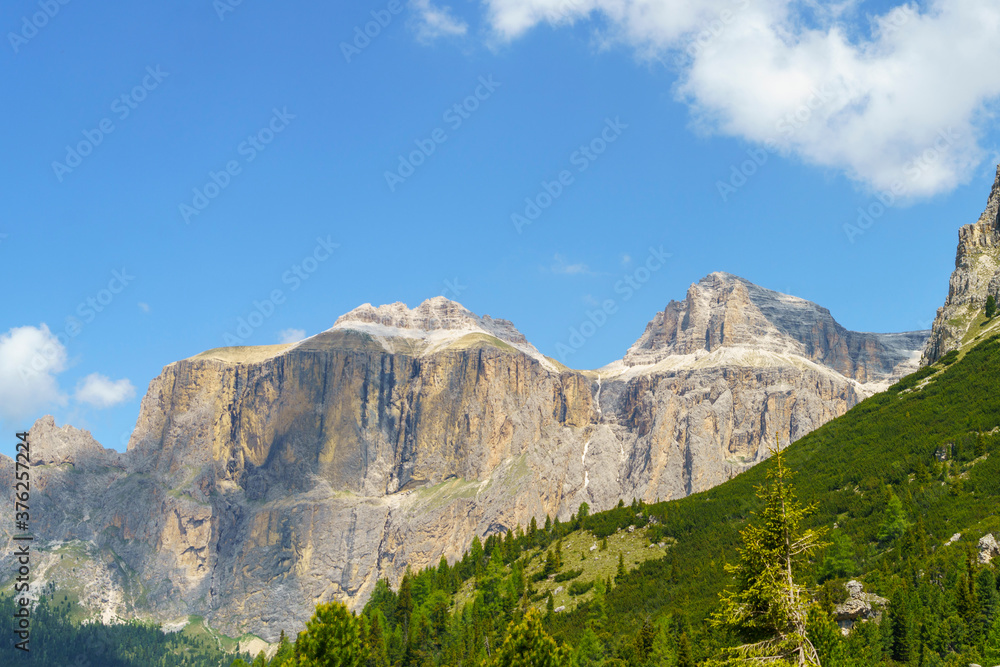 Fototapeta premium Mountain landscape along the road to Pordoi pass, Dolomites