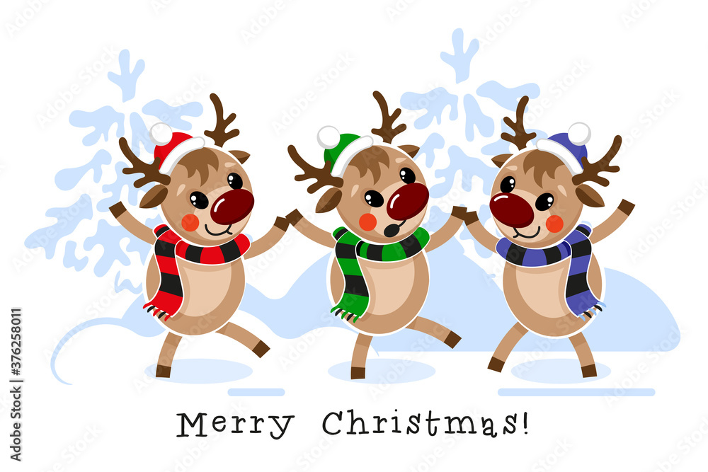 Three cute Christmas reindeer are dancing in the snow-covered forest. Christmas greetings. Vector illustration isolated on a white background. Three cute Christmas reindeer are dancing in the snow-covered forest. Christmas greetings. Vector illustration isolated on a white background.