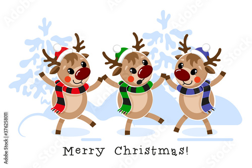 Three cute Christmas reindeer are dancing in the snow-covered forest. Christmas greetings. Vector illustration isolated on a white background.