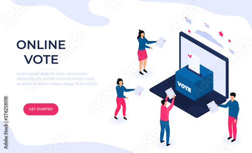 Isometric Remote voting. Tiny voters near a huge laptop ballot box cast a vote. Web page design