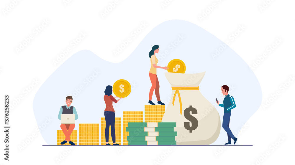 Flat icon design concept of people saving money by putting coin in money bag isolated on white color background Flat icon design concept of people saving money by putting coin in money bag isolated on white color background
