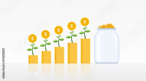 Financial concept with growing tree on stack of coin and saving glass jar in flat icon design