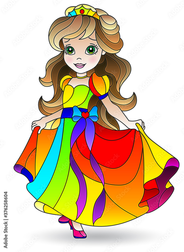 Illustration in stained glass style of a cartoon Princess in a bright dress, isolated on a white background