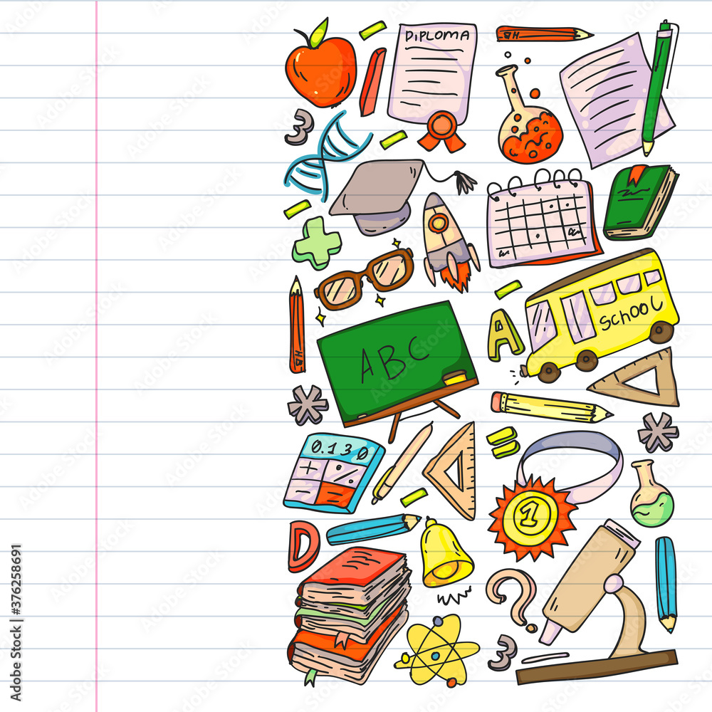 Back to School vector doodle set. Supplies for sport, art, reading, science, geography, biology, physics, mathematics, astronomy, chemistry. Back to School vector doodle set. Supplies for sport, art, reading, science, geography, biology, physics, mathematics, astronomy, chemistry.