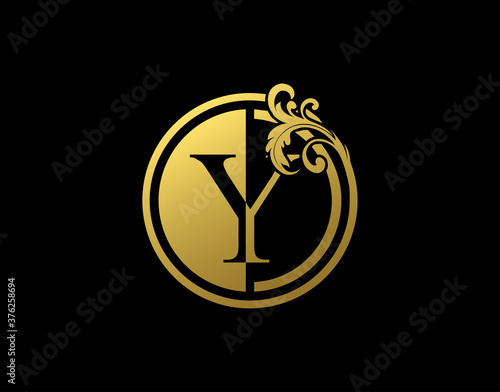 Luxury Circle Y Letter Floral Logo. Vintage Gold Y Swirl Logo Icon.