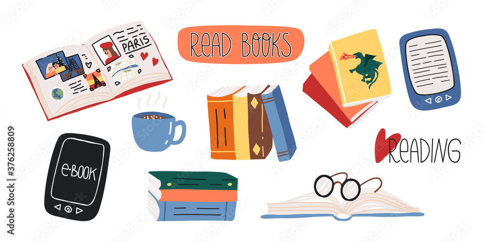 Reading lovers cute set. Various paper and e- books, fairy tales or myths, glasses, art or travel book, hot chocolate.