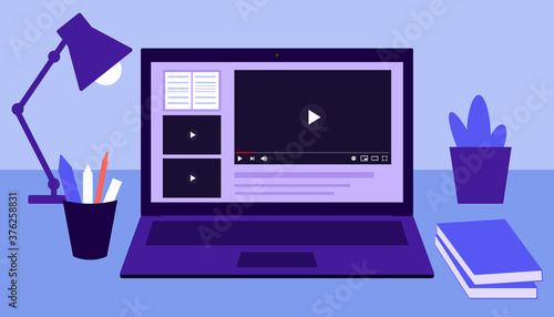 Online education and distance learning at home concept. Laptop video study by lesson. Video online. Workspace, remote work, virtual education. Vector flat