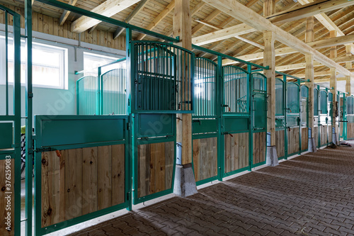 Fototapeta Empty horse stalls in modern stable building