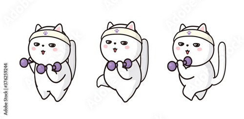 ダンベル体操をする猫のベクターイラストレーションセット