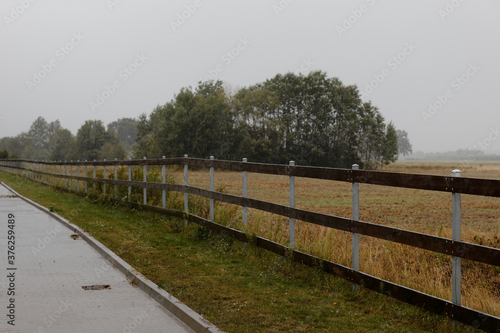 Empty paddock area during rain. Gray rainy day at coutryside, pasture fence next to road. Empty paddock area during rain. Gray rainy day at coutryside, pasture fence next to road.