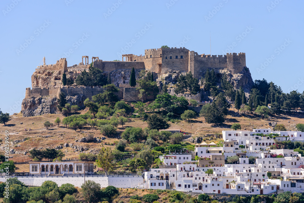 Sightseeing of Greece. Lindos village and Lindos castle, Rhodes island, Dodecanese, Greece