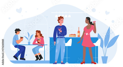 People on romantic love date in bar flat vector illustration. Cartoon happy young couple characters dating, lovers drinking wine or cocktails in nightclub bar or pub, romance meeting isolated on white