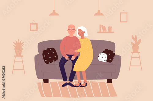 Elderly people at home flat vector illustration. Cartoon happy old grandparents characters sitting on sofa, elder grandmother and grandfather hugging, spending time at home living room background