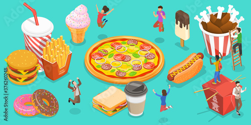 3D Isometric Flat Vector Conceptual Illustration of Fast Food, People Are Rejoicing Next to Food Like Hot Dog, Ice Drink, Burger, Donut, Ice Cream, Pizza, French Fries, Fried Chicken.