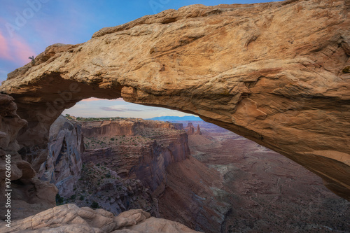 Mesa Arch sunset canyon view in Utah