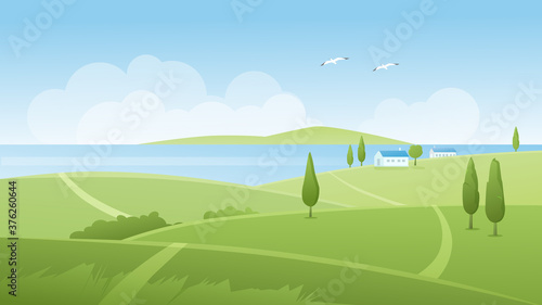 Summer river landscape vector illustration. Cartoon flat panoramic natural scenery with green grass farm fields and farmers houses on riverbank, farmland countryside nature in summertime background