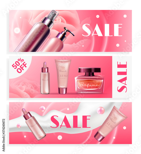 Cosmetics series sale vector illustration set. Realistic pink packages in sale ad design promo banner collection with cosmetic packaging, bottles for skincare on soft silk and flower petals background