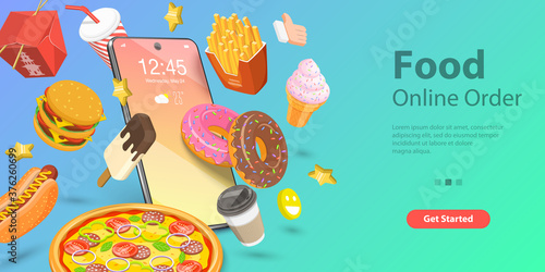 3D Isometric Flat Vector Landing Page for Restaurant and Cafe Online Food Ordering Web Service, Takeaway Food Online, Fast Free Delivery.