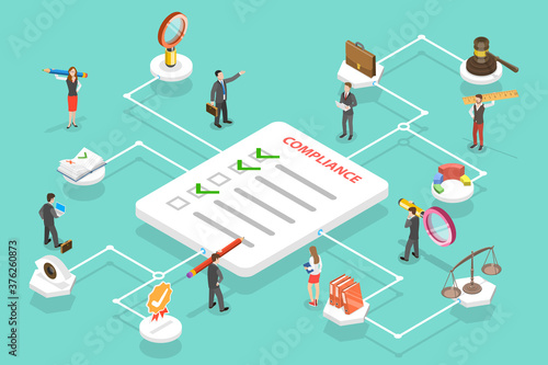 3D Isometric Flat Vector Conceptual Illustration of Regulatory Compliance, Steps That Are Needed to Be Complied With Relevant Laws, Policies and Regulations.