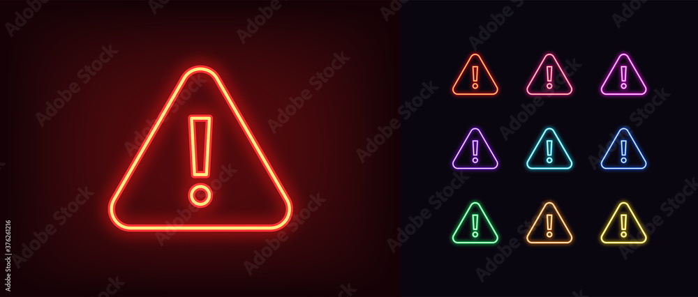 Neon warning icon. Glowing neon warning sign, exclamation mark - obrazy, fototapety, plakaty 