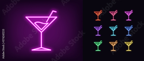 Neon cocktail drink icon. Glowing neon martini sign, cocktail party photo