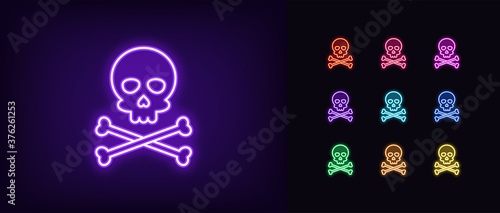 Neon jolly roger icon. Glowing neon skull with crossbones, skeleton head