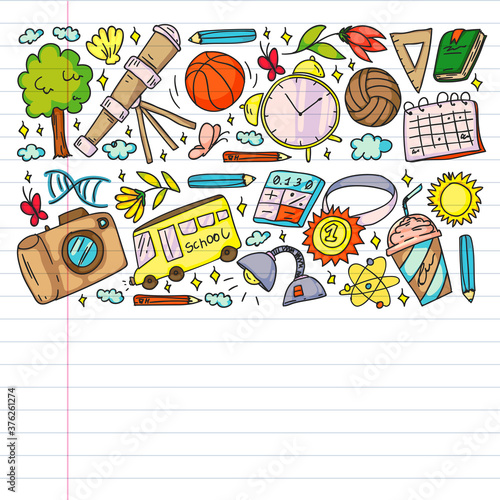 Imagination and creativity icons. School. Reading, chemistry, online education.