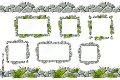 Set of seamless constructor old gray border with grass. Vector stone sidewalks for computer games isolated on white background.