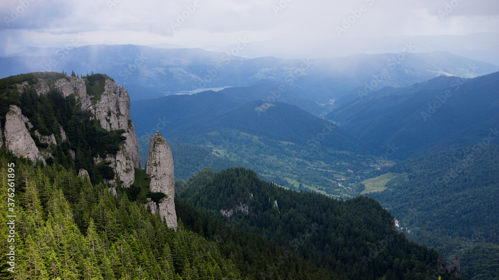 Scenic view of the romanian mountains with various rock formations. Horizontal view.