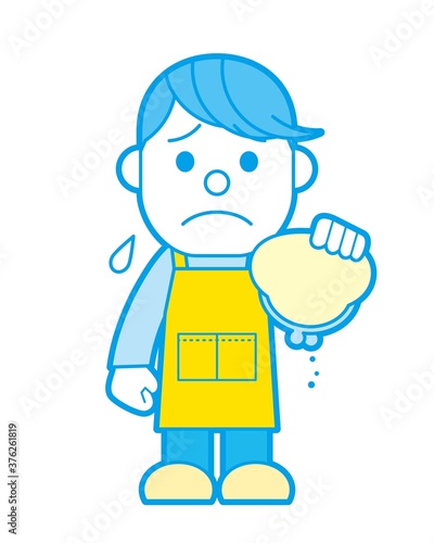 空の財布と落ち込むエプロン姿の男性 シンプルカラー