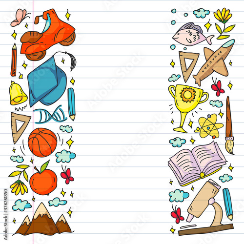 Imagination and creativity icons. School. Reading, chemistry, online education.