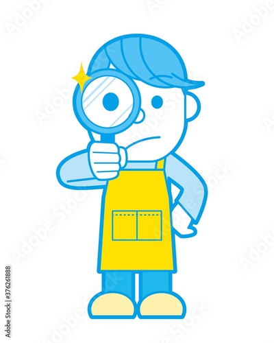 虫眼鏡で探すエプロン姿の男性 シンプルカラー