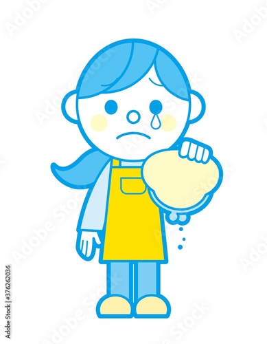 空の財布と落ち込むエプロン姿の女性 シンプルカラー