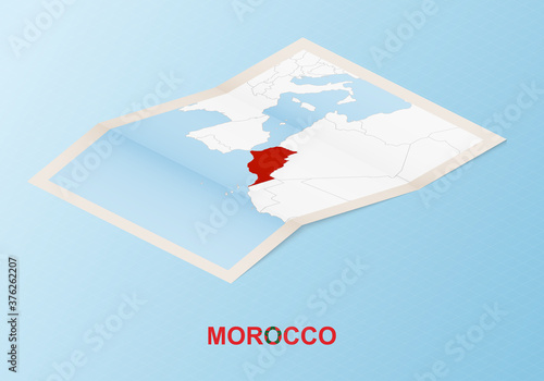 Folded paper map of Morocco with neighboring countries in isometric style.
