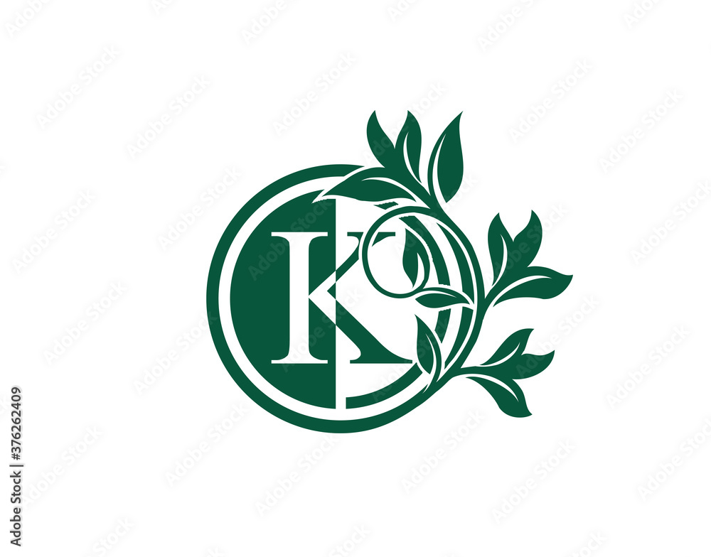 Luxury Circle K Letter Floral Logo. Nature K Swirl Logo Icon.