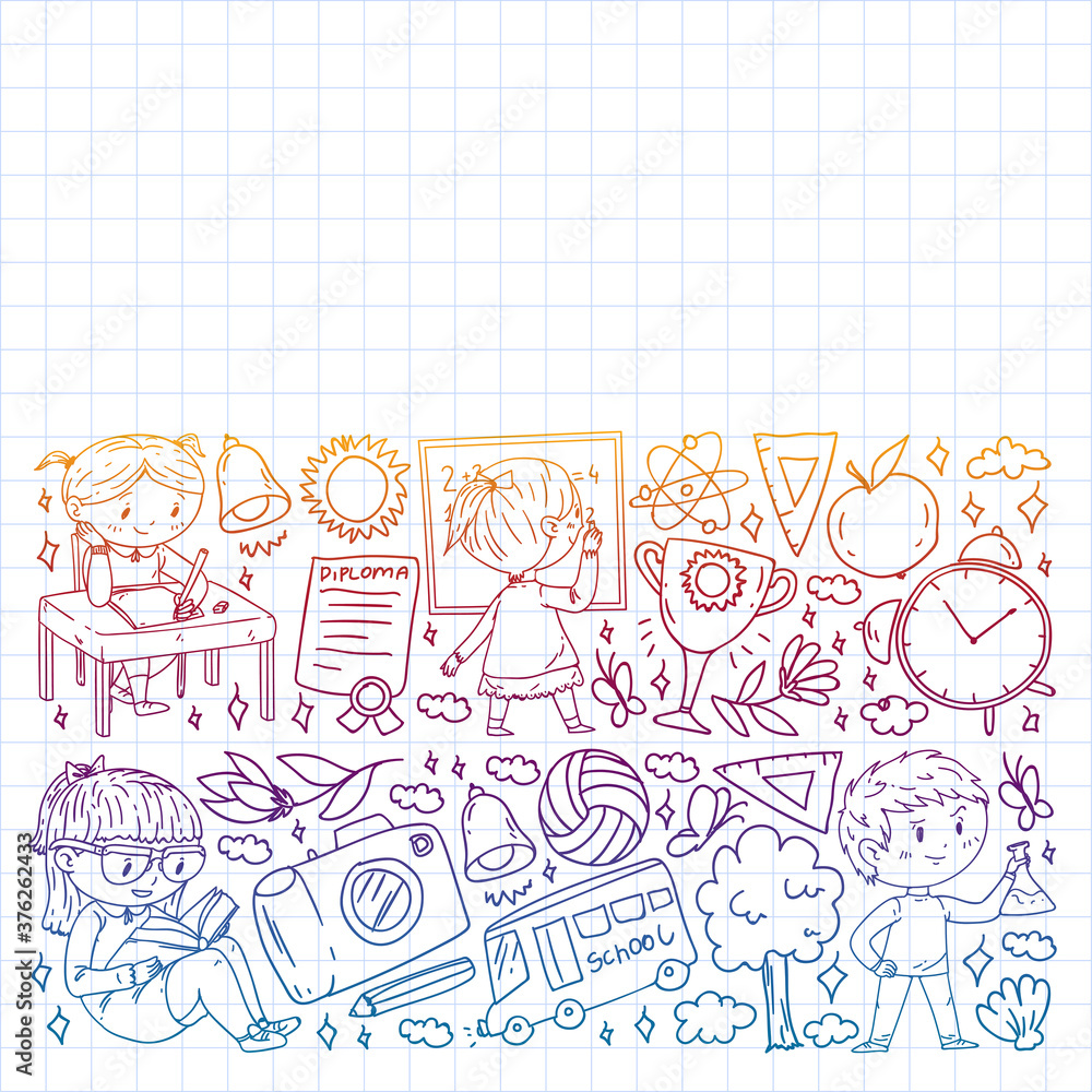 Back to school. Children online education. Chemistry and biology. Geography and physics. Creativity and imagination. E-learning icons. Back to school. Children online education. Chemistry and biology. Geography and physics. Creativity and imagination. E-learning icons.