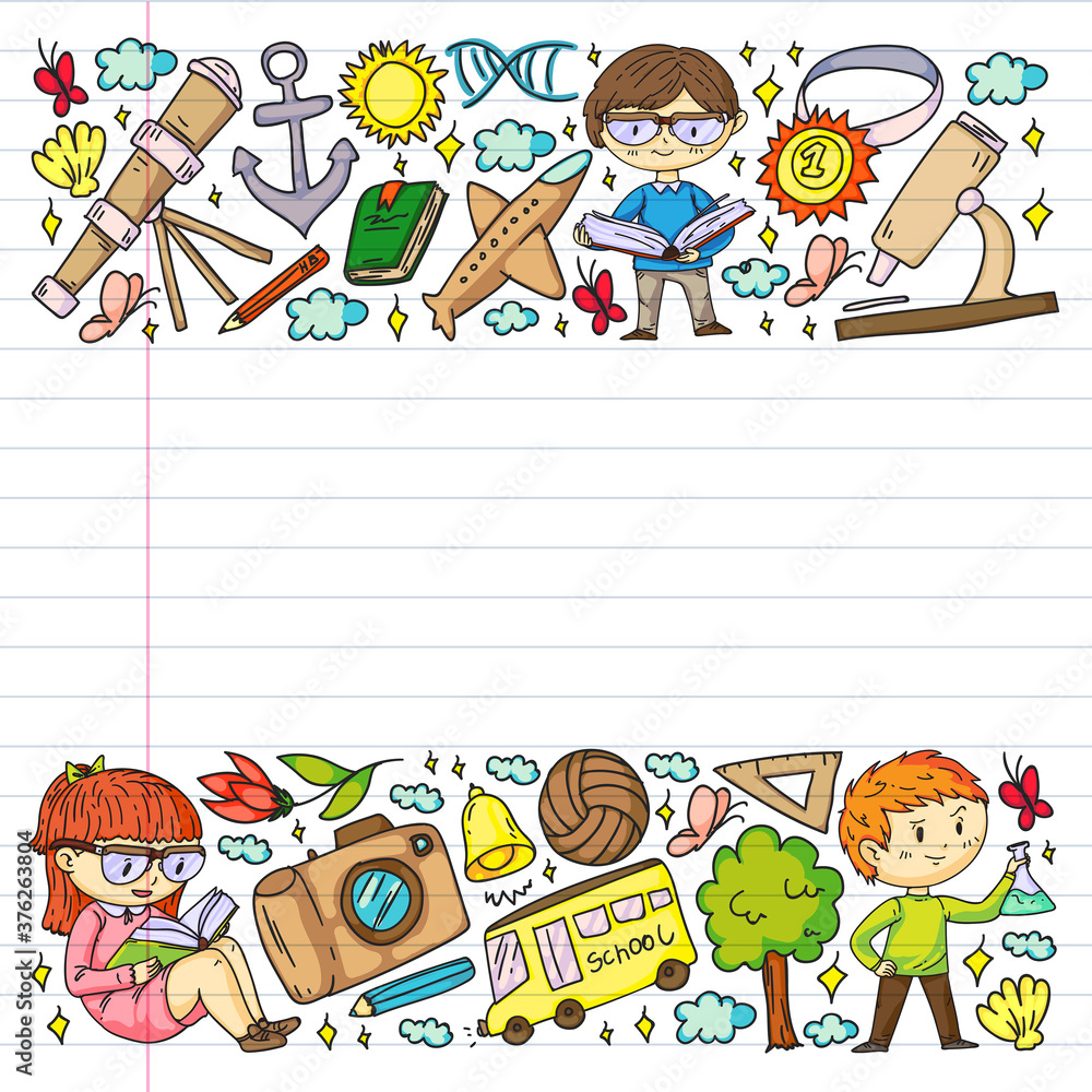 Fototapeta premium Back to school. Children online education. Chemistry and biology. Geography and physics. Creativity and imagination. E-learning icons.