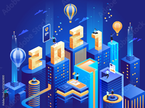 Futuristic business city in isometric view with 2021 numbers
