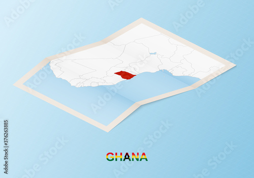 Folded paper map of Ghana with neighboring countries in isometric style.