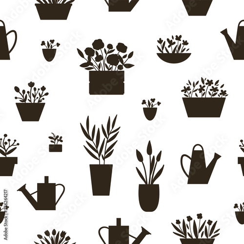 Vector seamless pattern with plants in pots and beds with watering cans silhouettes. Black and white background with houseplants for home gardening design. Spring and summer floral texture.