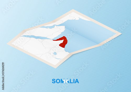 Folded paper map of Somalia with neighboring countries in isometric style.