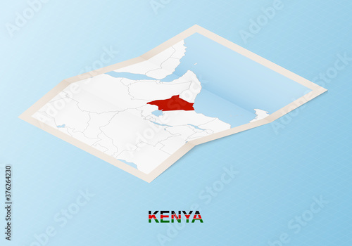 Folded paper map of Kenya with neighboring countries in isometric style.