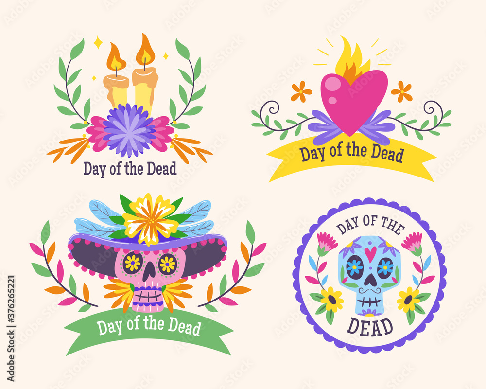 Day of Dead (Día de Muertos) Labels. Cartoon Mexican labels with text in English. Cute vector Illustration. Day of Dead (Día de Muertos) Labels. Cartoon Mexican labels with text in English. Cute vector Illustration.