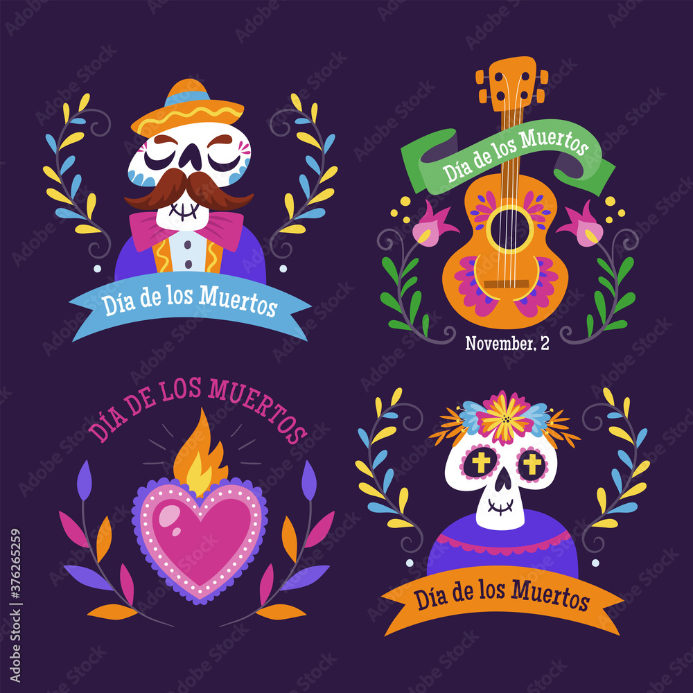Day of the Dead (Día de los Muertos) Labels. Cartoon Mexican labels with text in Spanish. Cute vector Illustration.